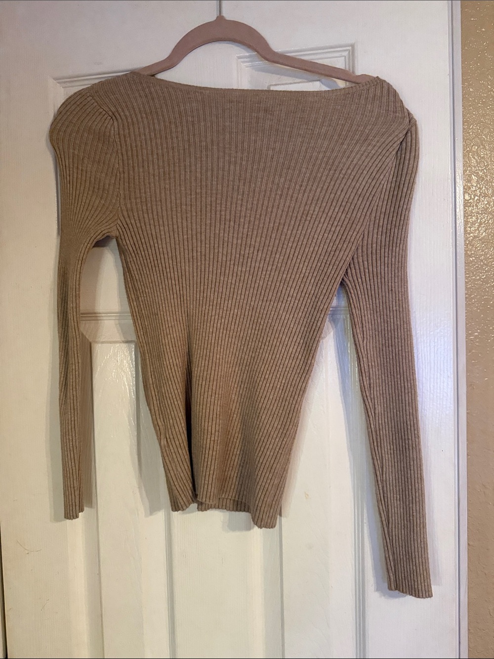 SHEIN Beige Ribbed Boatneck Long Sleeve Top